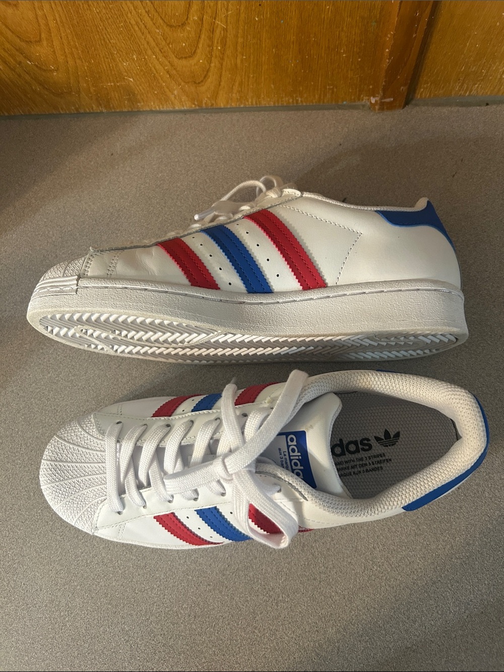 adidas White Sneakers with Red & Blue Stripes